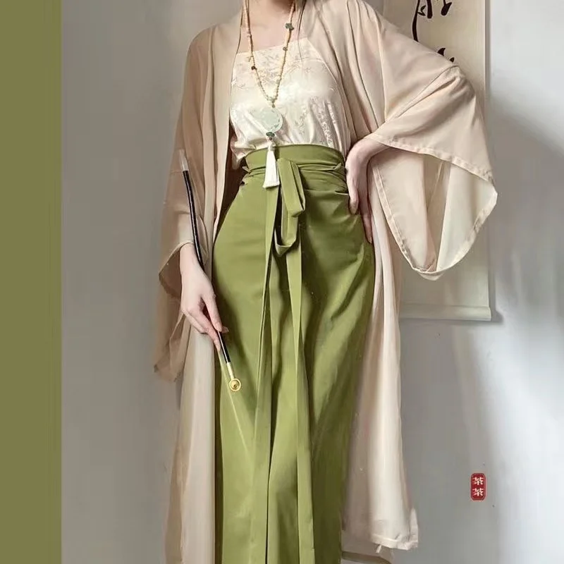 Vintage 3Pcs Hanfu Brown Chinese Style Clothes Kimono&cami&skirt Suit Sexy Off Shoulder Cheongsams Women Print Dress Set