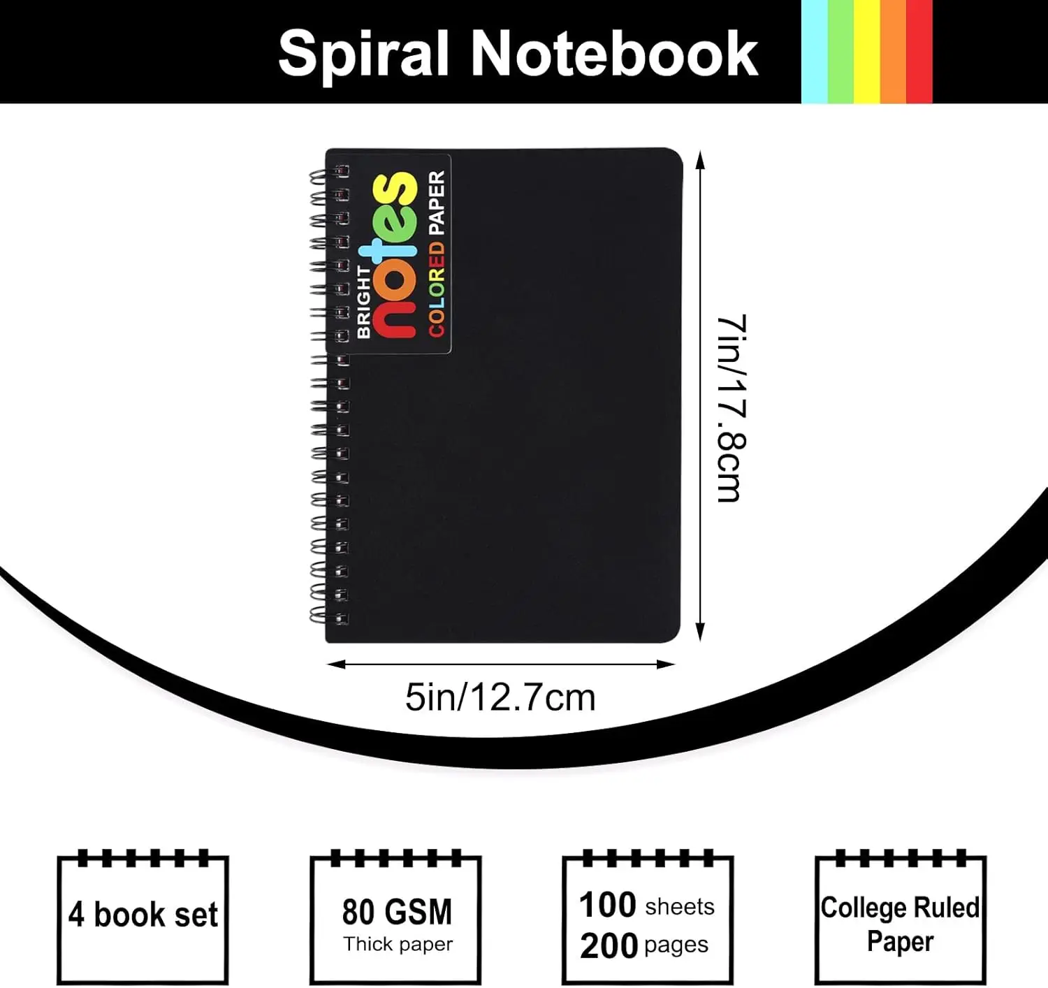 Spiral Notebook Set - 5x7 Inch, Black Cover, Multicolor Pages, 200-Page Count