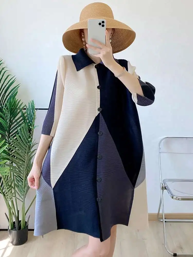 LANMREM Turn Down Color Block Pleated Dress For Women Three Quarter Sleeves Single Breasted Loose Dresses Female Fashion 2R1982 - Image 3
