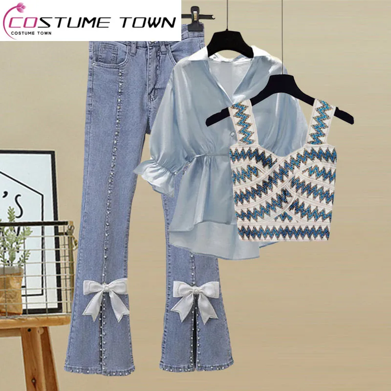 Spring/Summer Fashion Three Piece Set Temperament Chiffon Shirt Small Fragrant Knitted Back Temperament Split Jeans kimobaa men cool back three lines unlined real leather lambskin gloves