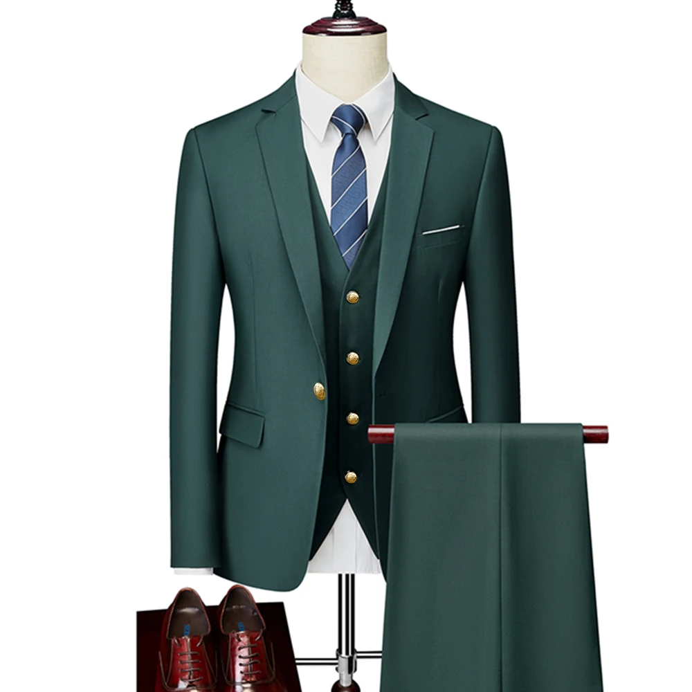 Men's Leisure Boutique Solid Color Slim Fit Suit Pants 3 Pcs Set Male Casual Dress Blazers Jacket Trousers Vest