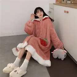Japanese Sweet Winter Plus Velvet Warm Loose Pajamas Set Girls Cute Cardigan Robe Home Wear Pajama Set Women Robe Set sleep tops