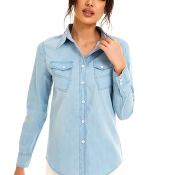 Light Blue Slim Thin Cotton Denim Shirts For Woman 2024 Spring Casual Ladies Tops Long Sleeve Jeans Blouses Clothing