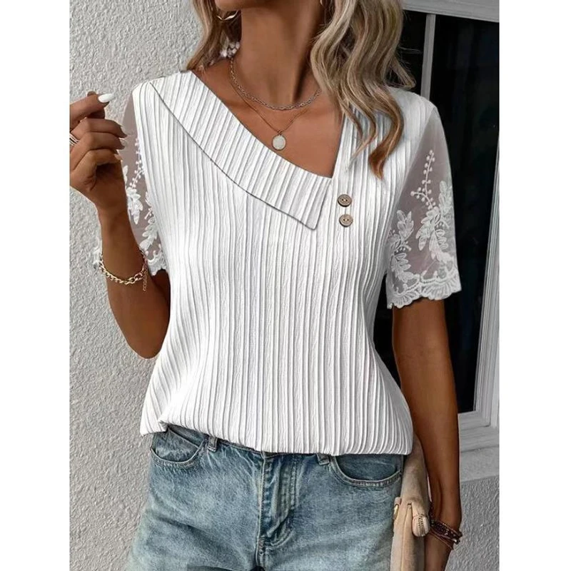 Summer Elegant Blouse Women Casual Skew Collar Lace Short Sleeve T-shirt Tops For Women Simple Buttons Loose Shirts & Blouses