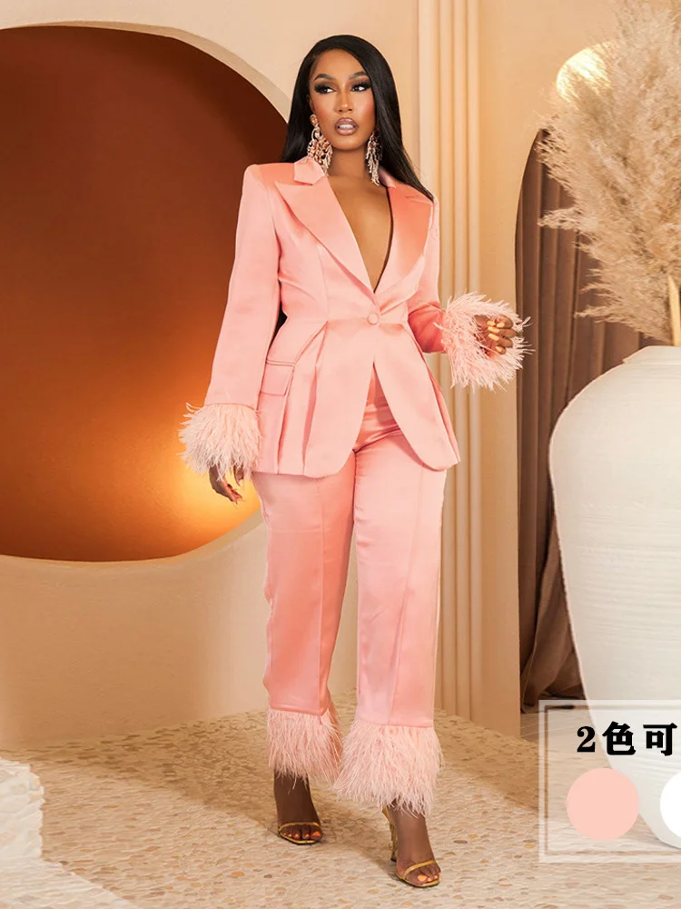 Wmstar Two Piece Set Women Turn Down Collar Feathers Patchwork Top and Pants Suit Matching Fall Clothes Wholesale Dropshpping