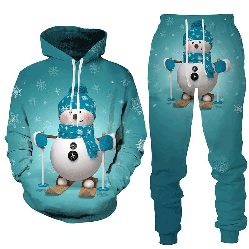 European and American Christmas New Adult Set 3D Snowman Print Hooded Pullover Men's Party Fashion Sweater