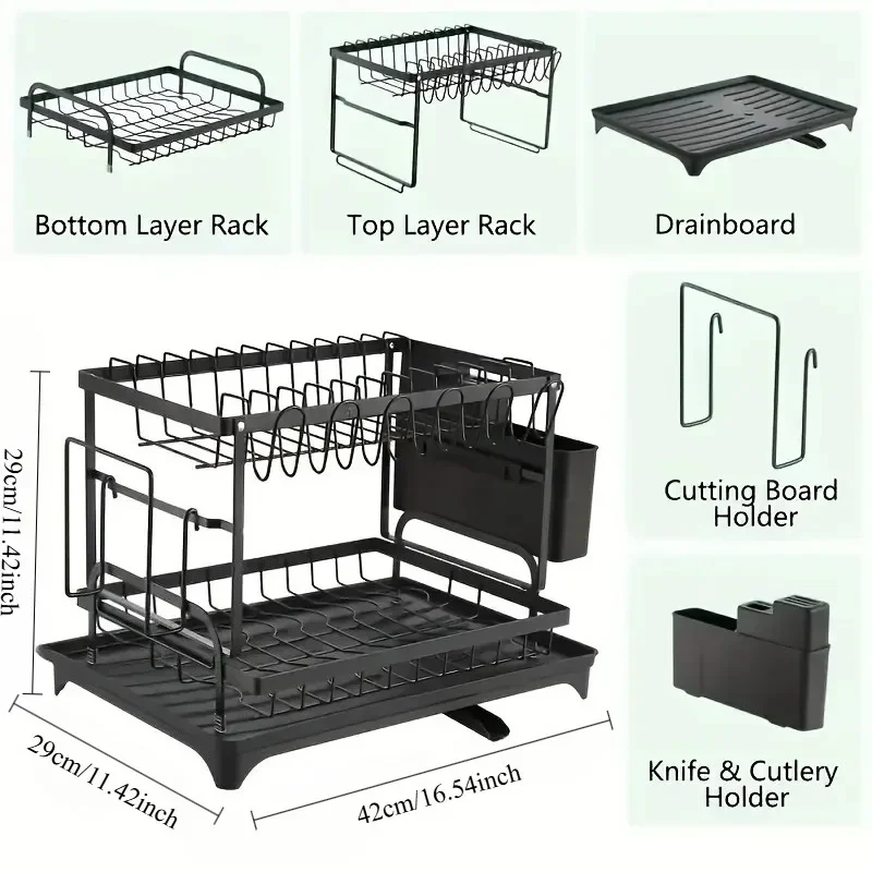 Sleek Black 2-Tier Kitchen Dish Drying Rack with Rotatable Spout and Utensil Holder