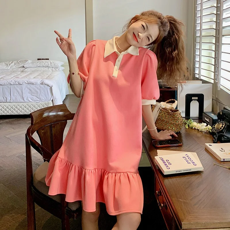 

Pink College Style Dresses Cotton Polo Collar Puff Sleeve Women Sweet Small Loose Pink Lotus Leaf Dress Fishtail Hem Clothing