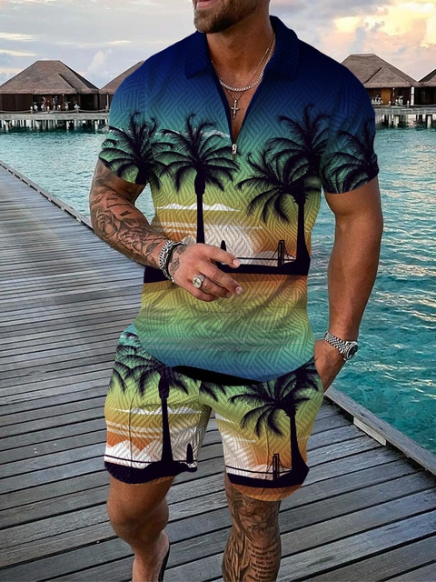 Men Sports Suit Beach Sleeve Patchwork Shirts Shorts Summer 2