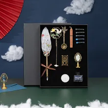 

2022 New 7/13 Pcs Chinese Style Antique Feather Dip Pen Kit Retro Wooden Dip Pen Set Classic Wax Seal Stamp Kit