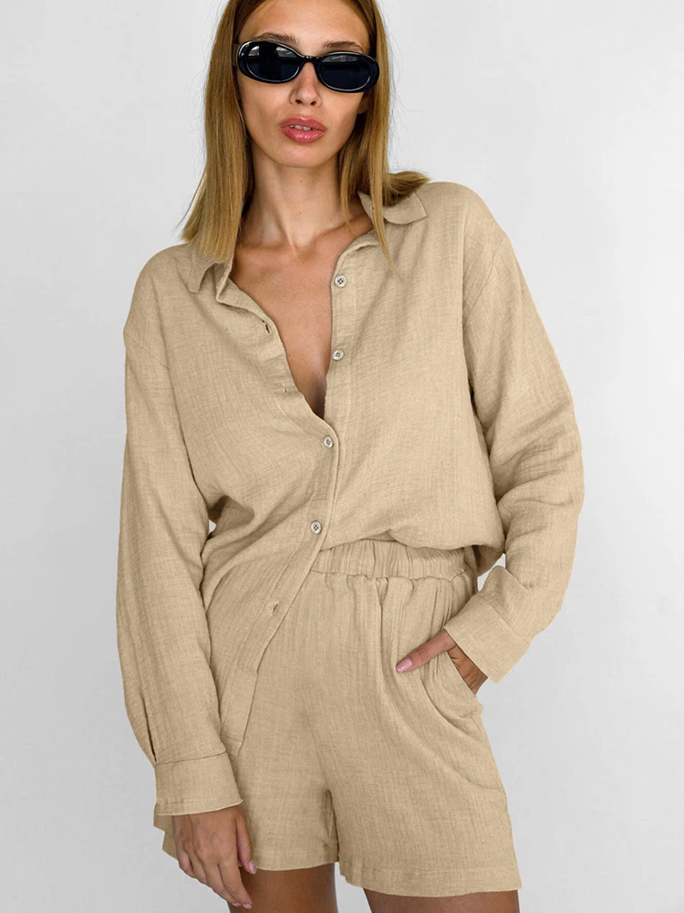 

Хлопковая пижама Linad для женщин, комплект из 2 предметов, свободная пижама с длинным рукавом, женские домашние костюмы с шортами, осенняя повседневная одежда для сна