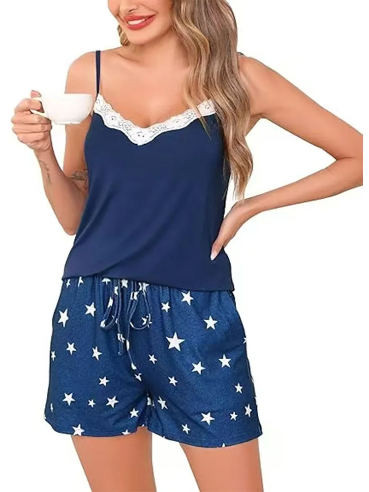 2025 New Womens Cute Star Print Pajama Set Lace Trim V Neck Cami Top and Shorts Two Piece Sleepwear Loungewear Summer Hot