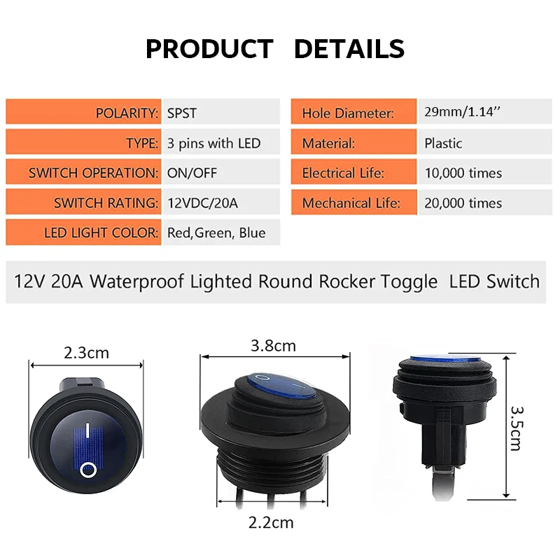 Universele Waterdichte 20A 3Pin Mini Aan-Uit SPST LED Verlichte Ronde Tuimelschakelaar - 12V/24V DC - Rood - Marine, Auto, Auto, Boot