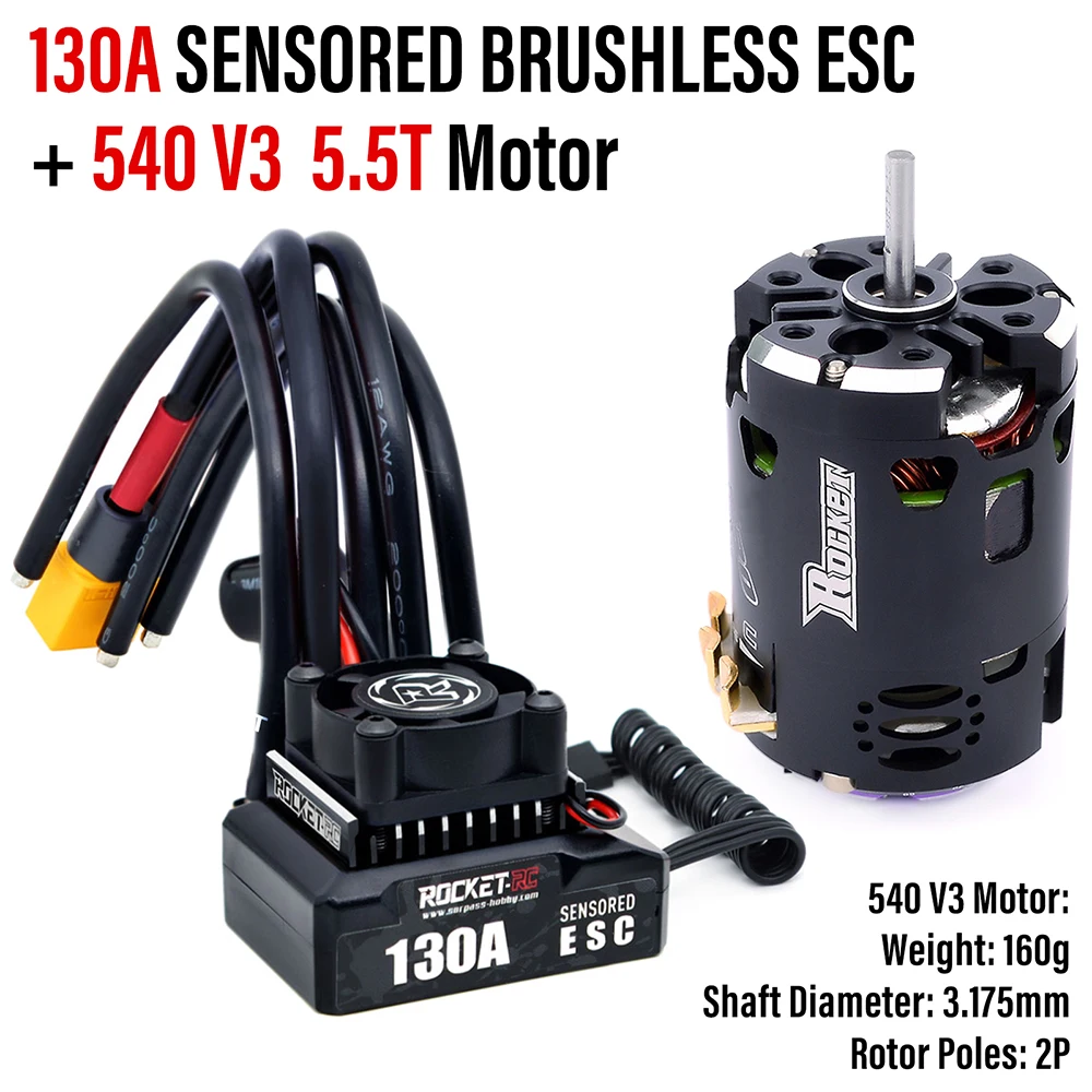 Moteur brushless et ESC 130A du kit 5.5T à 21.5T pour voiture RC, posés sur fond noir