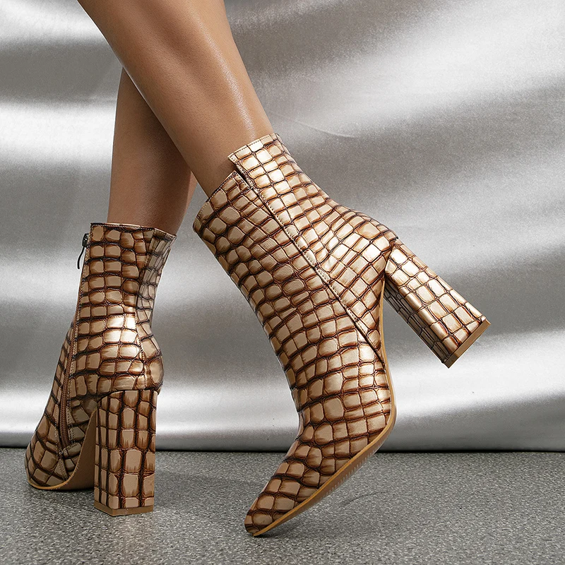Kcenid Sexy Pointed Toe Crocodile Pattern Leather Boots Zipper Square High Heels Ankle Boots For Women Fashion Party Dress Shoes