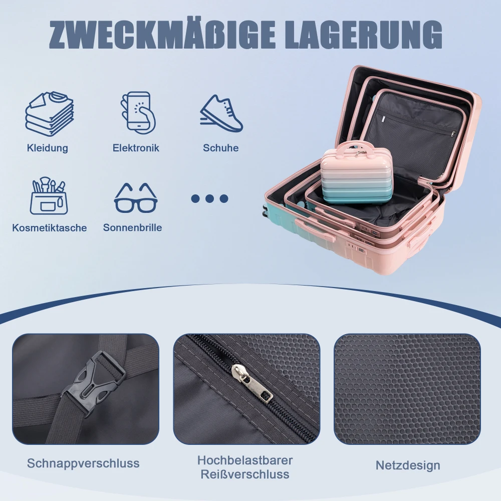 14"/20"/24"/28" 4-teiliges PC-Spinner-Kofferset - mit Seitengriffen, Schutzfüßen, integriertem Zahlenschloss & 14-Zoll-Kosmetiktasche – Detail 30