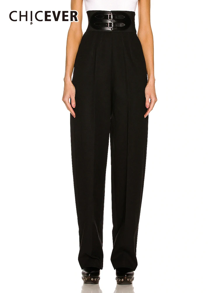 

CHICEVER Minimalist Spliced Belt Pants For Women High Waist Solid Temperament Wide Leg Trousers Female Autumn Fashion Clothing