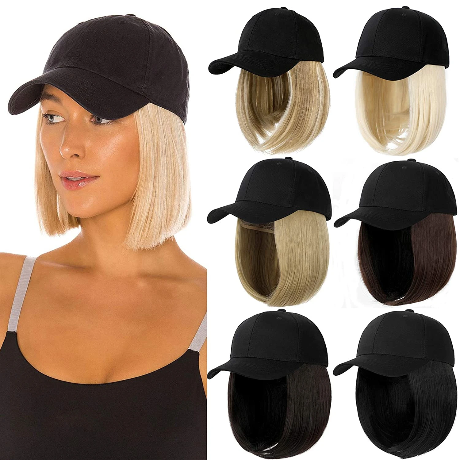 SHANGZI Baseball Cap Wig Synthetic Hat with Hair Wig Natural Black Wigs