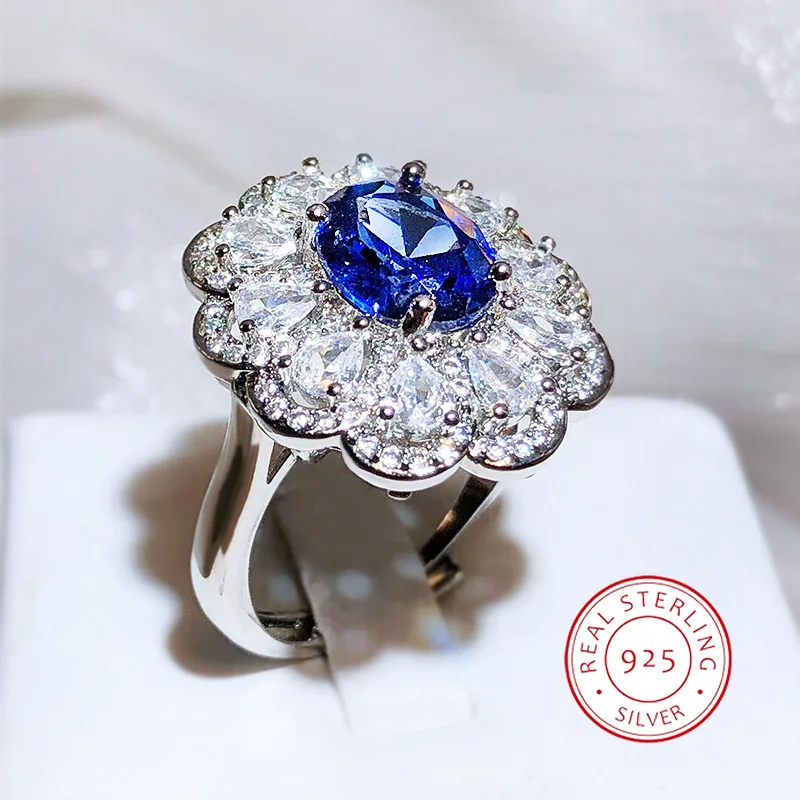 Luxury Premium Emulation Blue Gemstone Open Flower Ring Ultra Shiny Aaaa Full Diamond Zircone 925 Gioielli In Argento Non Oscuranti