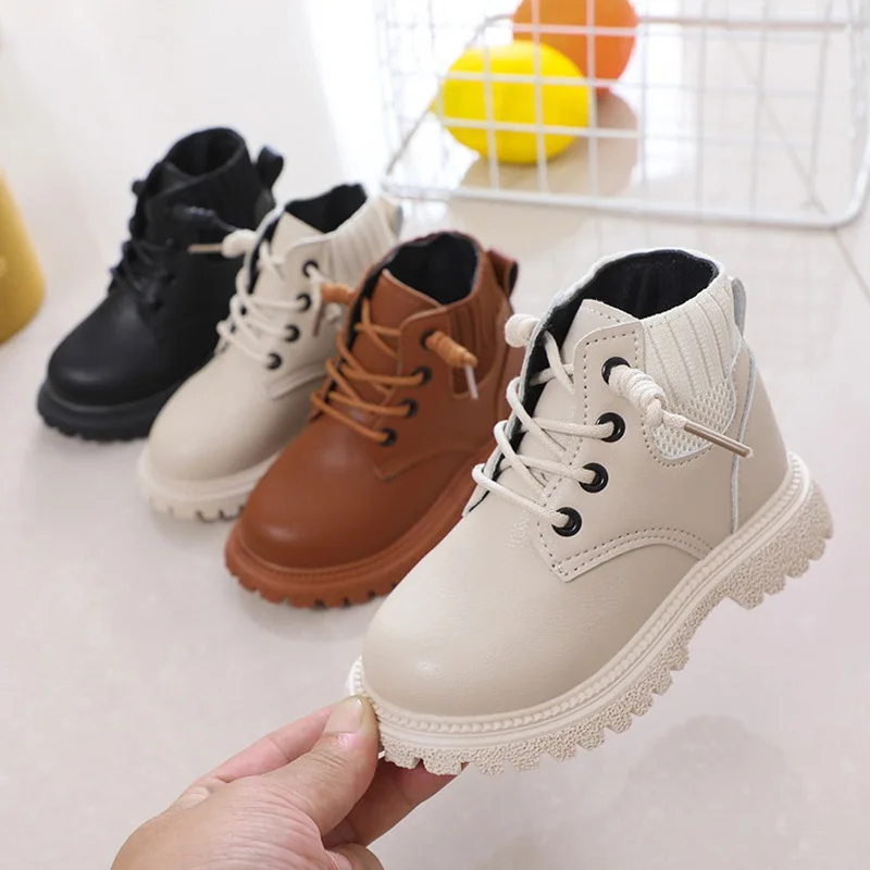 Children Sports Shoes Children Fashion Casual Shoes Autumn Lace Up Boots Girls Boys Leather Soft Antislip Boots Solid Color Breathable Shoe 21-30