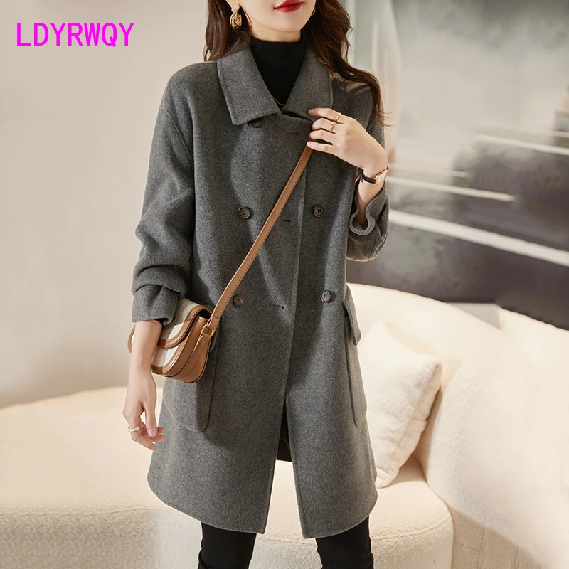 2023 Autumn/Winter New Square Neck Loose Gray Woolen Coat Women's Mid length Handmade Woolen Coat