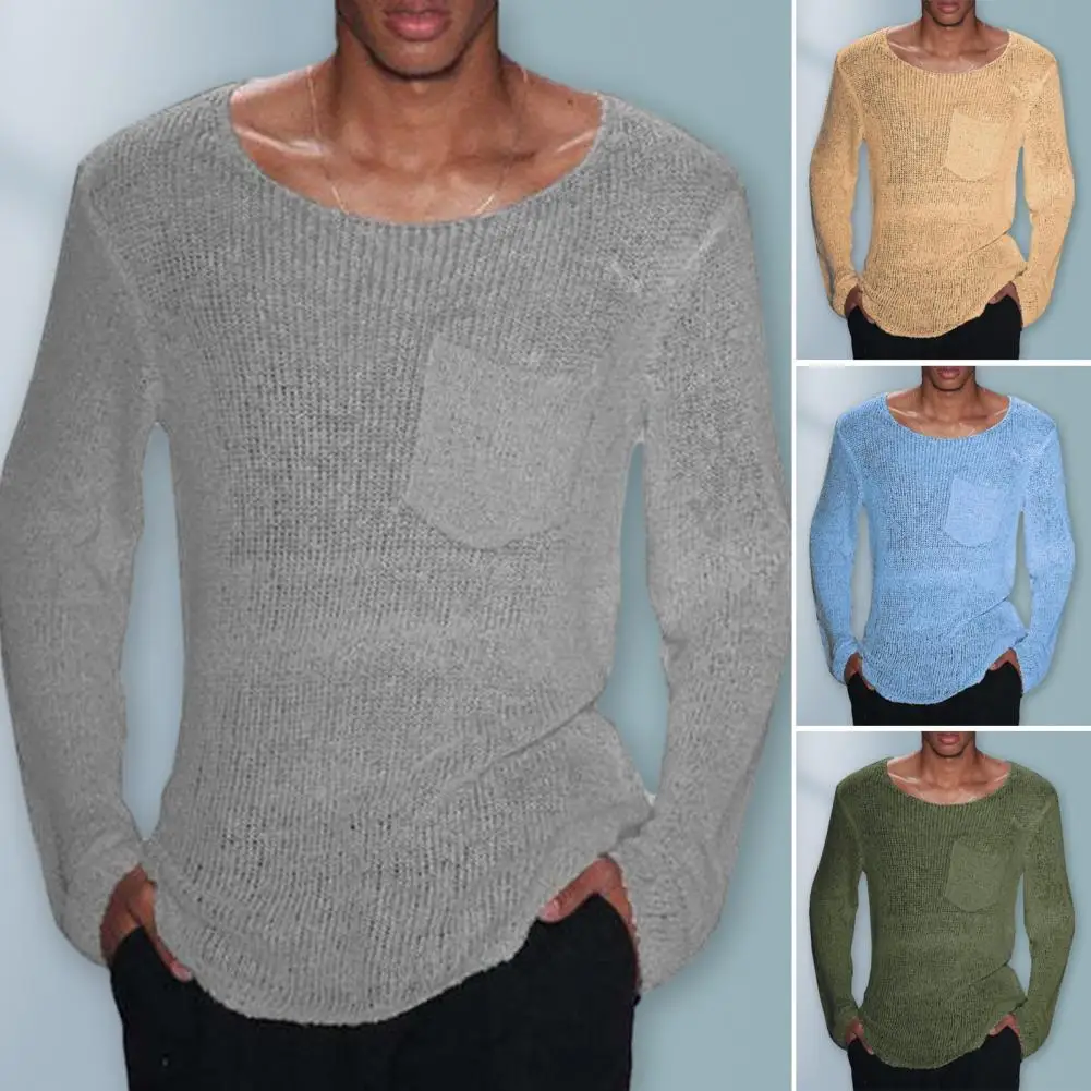 

Men Sweater Solid Color Sweater Men's O-neck Long Sleeve Knit Sweater Solid Color Hollow Out Casual Pullover Thin for Everyday