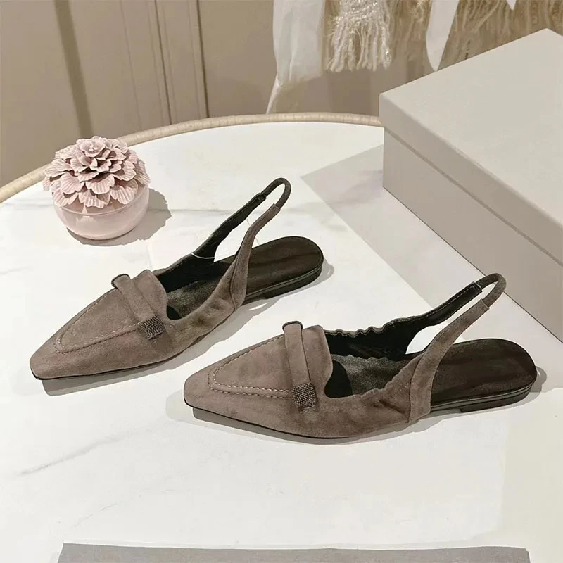 Suede Leather Loafers Women Square Toe Slip-On Chain String Bead Flat Shoes Female Summer Casual Comfort Walking Shoes Woman