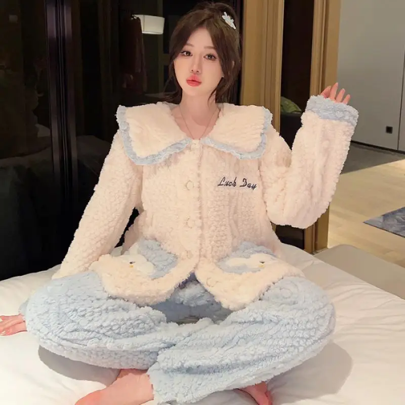 

Women's Pajamas Set Winter Warm Sleepwear Night Flannel Pajama Cardigan Thick Nightwear Long Sleeve Plus Size 5Xl Pijama Sets
