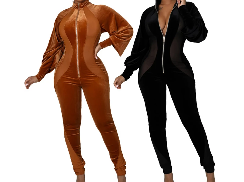 Women's Fashion Casual Sexy Solid Color Mesh Lantern Sleeve Bodysuit Spring Autumn Long Sleeve Lady Rompers