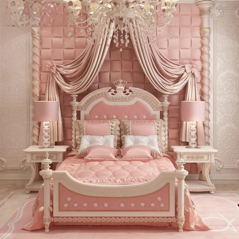 

Custom Size Color French Luxury Children's European Court Style Solid Wood Carved Princess Fabric Single Girl Purple Pink Bed