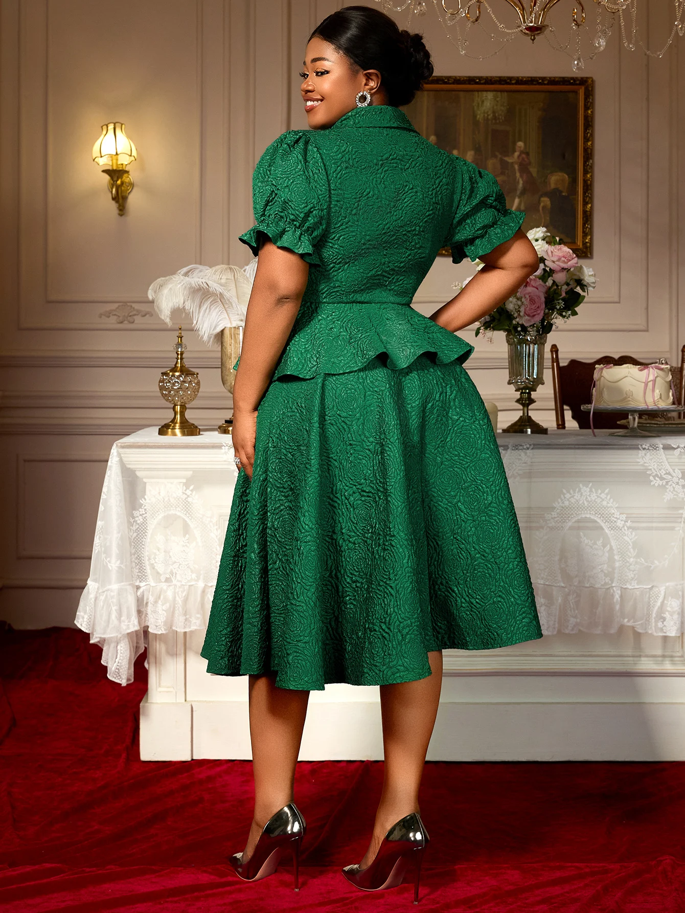 green emerald velvet dress Elegant Rose V-Neck Ruffle Cut-Out Back Tie-Up Dress with Long Sleeve L / Rose main image 1