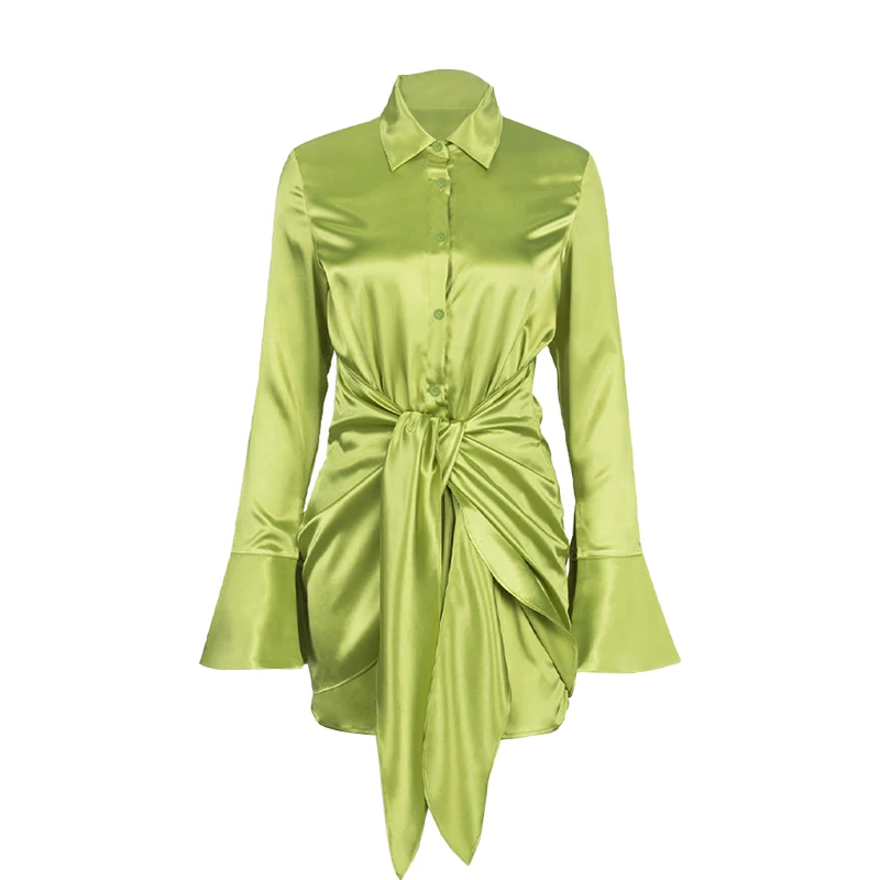 

European And American Style Elegant Satin Shirt Skirt High-End Green Dress Female 2022 New Sexy Hot Girl Waist Strap Shirt Skirt