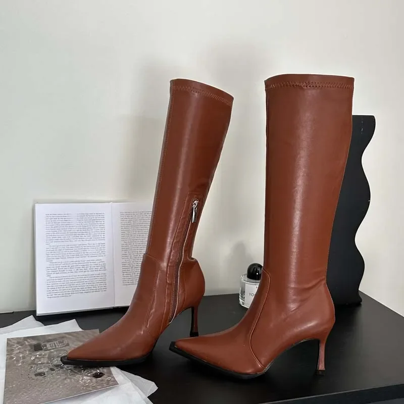 

Winter Women Long Boot Fashion Zipper Ladies Knee-High Boots Shoes Thin High Heel Pointed Toe Sexy Largas De Mujer