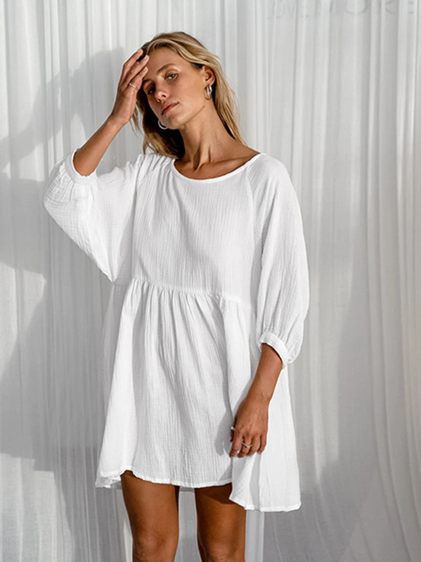 Marthaqiqi Causal Cotton Women'S Nightwear Three Quarter Sleeve Nightgowns O-Neck Pajamas Cotton Mini Dress Home Clothes Ladies