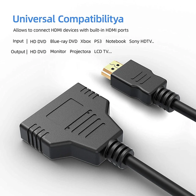 HDMI Splitter Adapter Cable， HDMI Splitter 1 in 2 Out - HDMI Cable 1080P  Male to Dual HDMI Female 1 to 2 Way HDMI Splitter Adapter for HDMI HD, LED,  LCD, TV(Black) 