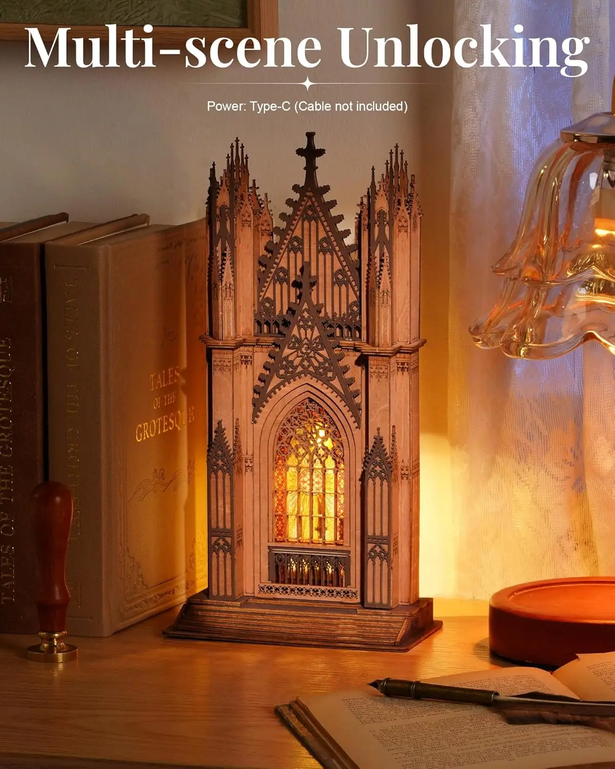 롤라이프 3D 퍼즐 트윈 타워 대성당 목재 모형 키트, 스테인드 라이트 스타리 돔 카테드라 클래식 건축물 (성인용)