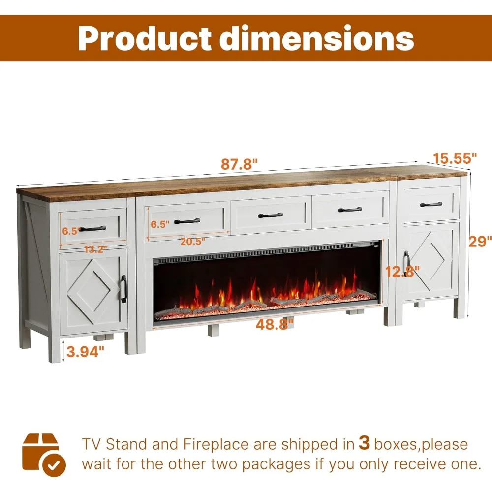 modern tv stand with fireplace for tvs up to 95 inch,entertainment center with 50" electric fireplace,88" tv console with storag