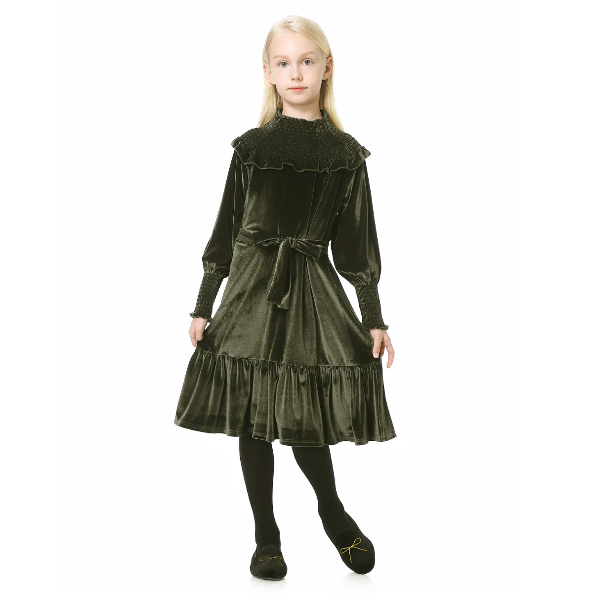 OliveGreenColor2023NewFallBabyTeenGirlsDressesVelvetBigGirl