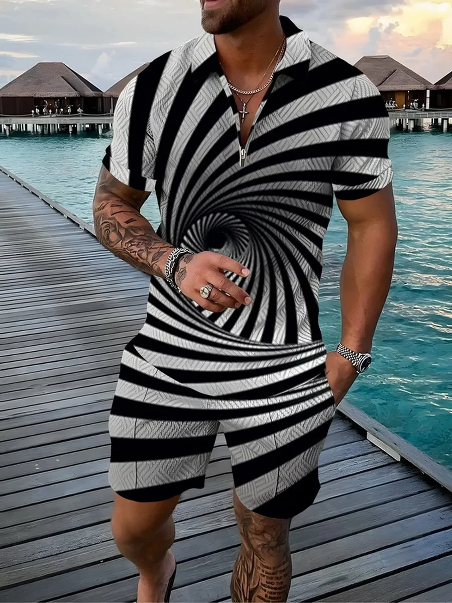 운동복 기하학 3D 프린트 남성 폴로 셔츠, 지퍼 라펠 폴로 세트, 지퍼 칼라 및 반바지, 휴일 스타일 남성 의류, 2 개 세트