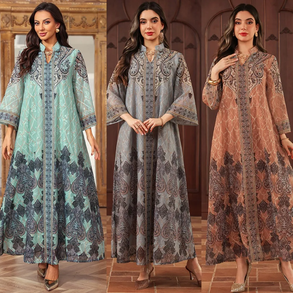 Abaya Dress for Women Party Dresses Print Diamond Eid Dubai Arabic Muslim Moroccan Kaftan Cardigan Robe 2026 Spring Ramadan