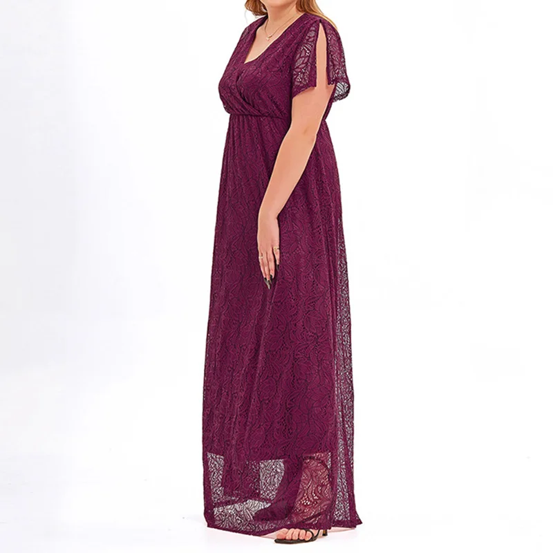 Elegant V-Neck Lace 3/4 Sleeve Loose Robe Lady Summer Evening Party Hook Flower Hollow Wine Red Plus Size Maxi Dresses for Women