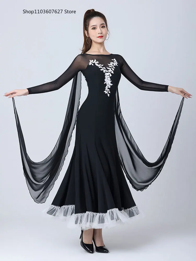 

Ballroom Dance Swing Dress New Style Ribbon Long Sleeve International Modern Dance Competition Dress Costume