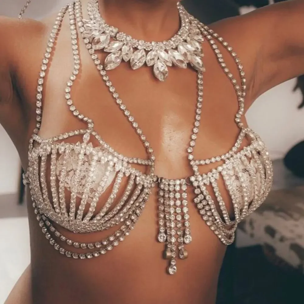 

Sexy Shell Tassel Rhinestone Chic Women's Lingerie Body Chain Top Water Drop Crystal Shiny Chest Bra Bikini Sling Jewelry