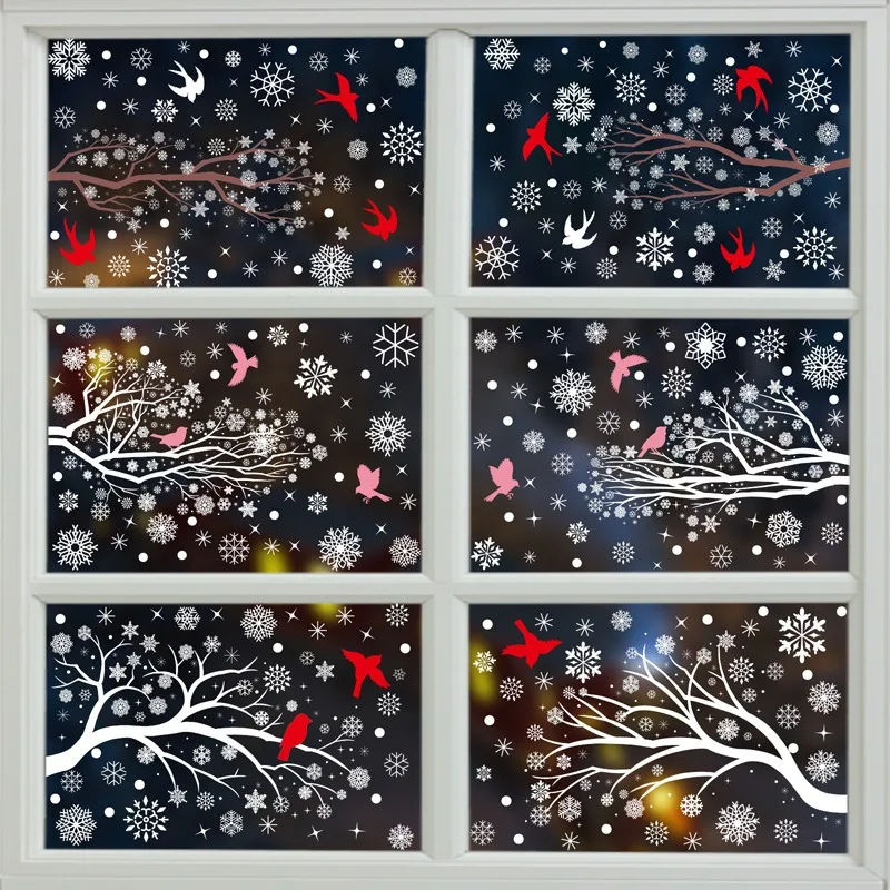 Christmas Stickers Winter Snowflake Santa Claus Xmas Tree Branch Window Glass Merry Christmas Decor Happy New Year