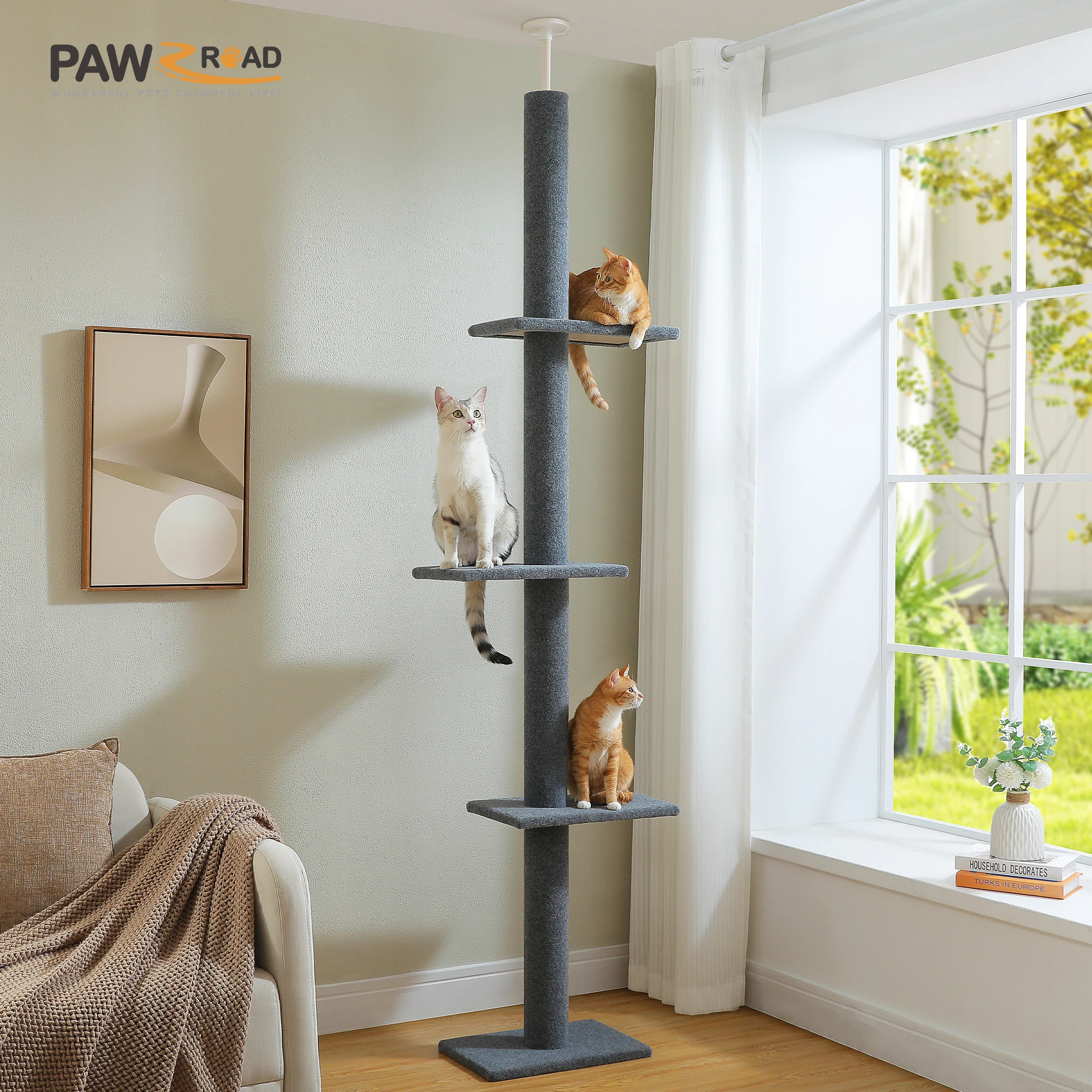 Árbol para gatos alto de altura ajustable para interior, torre para gatos de suelo a techo con postes rascadores, rascador de árboles para gatos, juguetes para gatos