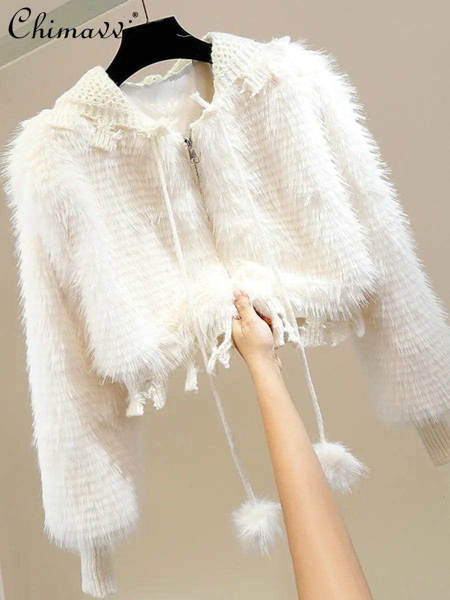 

Fashion Irregular Design Sweet Tridimensional Hairy Ball Decorative Coat Personality Zipper Hooded Short Stitching Furry Coat