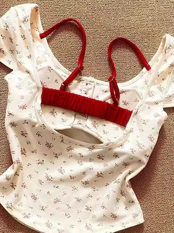 Floral Print ter Ne ort Sve T-irt Women's  Two-Piece Set with Chest Pad Design Summer Moisture ng Polyes...