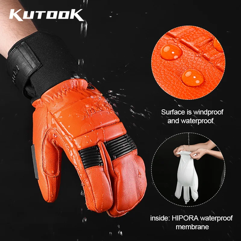KUTOOK Goat Skin Winter Ski Gloves Mittens Thermal Skiing Snowboard Gloves for Men Leather Mountaineering Protection Accessories 2