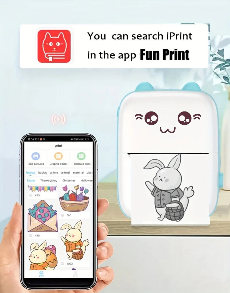Wireless Mini Photo Thermal Printer, with Mobile App, USB Charging, Suitable for Thermal Paper, Suitable for Photos and Notes