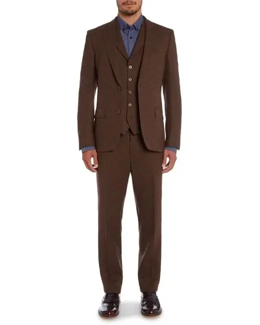 

2024 Dark Brown Tweed Men Suit Smart Business Slim Fit 3 Piece Groom Tuxedo Custom Prom Blazer Set Terno Masculino Costume Homme
